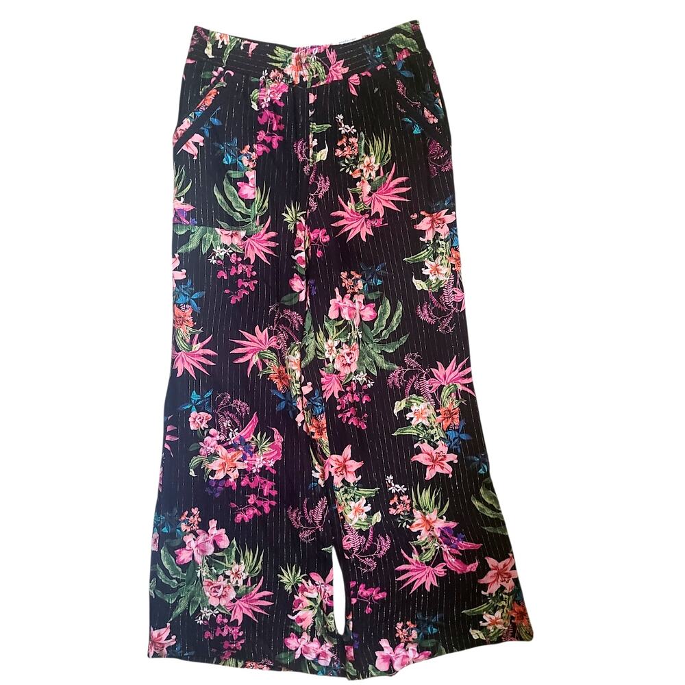 INC Tropical Floral High Rise Wide Leg Palazzo Pants Black Gold Glam Boho L